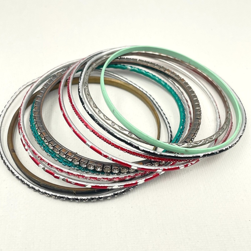 VTG Silver Tone Multi Color Enamel Rhinestone Bangle Bracelet Lot Stackable Boho